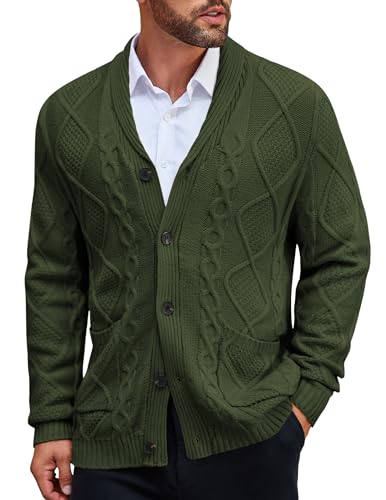 COOFANDY Herren Strickjacke mit Schalkragen, schmale Passform, Knopfleiste, Zopfstrickpullover mit Taschen, Grün (Army Green), Klein von COOFANDY