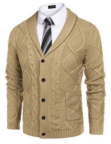 COOFANDY Herren-Strickjacke mit Schalkragen, schmale Passform, Knopfleiste, Zopfstrickpullover mit Taschen, Khaki, 3X-Groß von COOFANDY