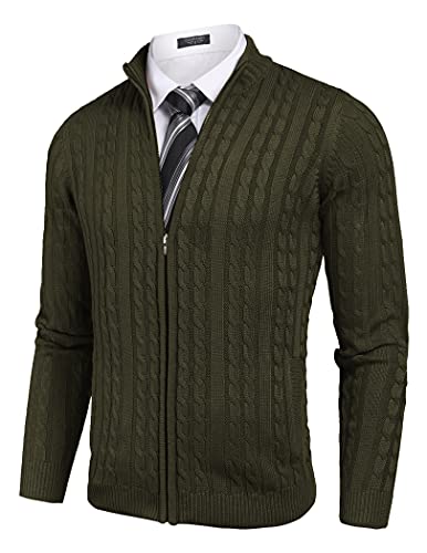 COOFANDY Herren Strickjacke mit durchgehendem Reißverschluss, Slim Fit, Zopfstrickpullover mit Taschen, armee-grün, Groß von COOFANDY