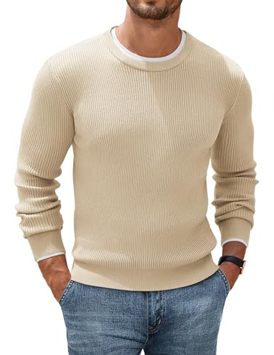 COOFANDY Herren Strickpullover Langarm Feinstrick Pullover Rundhals Sweater Pullover Langarmshirt Schmale Ribbed Pulli Einfarbig Stilvoll Cremebeige S von COOFANDY