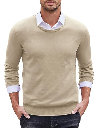 COOFANDY Pullover Herren Langarmshirt Sweater Pulli Slim fit Crewneck Pullover Baumwolle Männner Strickpullover Feinstrick Winterpullover Sweater Business Hell Khaki L von COOFANDY