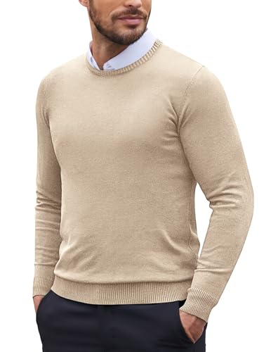 COOFANDY Pullover Herren Strickpullover Langarm Herrenpullover Rundhals Pullover Dünn Leicht Männer Pulli Slim Fit Warm Winterpullover Khaki L von COOFANDY