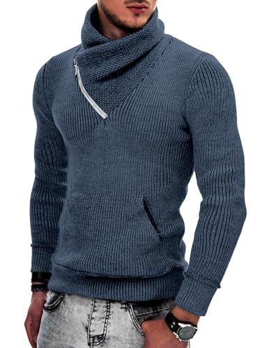 COOFANDY Herren Strickpullover Rollkragenpullover Schalkragen Pullover Slim Fit High Neck Hoodies mit Taschen, Blau, Groß von COOFANDY