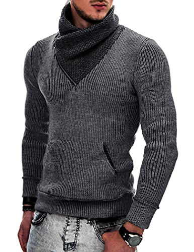 COOFANDY Herren Strickpullover Rollkragenpullover Schalkragen Pullover Slim Fit High Neck Hoodies mit Taschen, Dunkelgrau., Mittel von COOFANDY