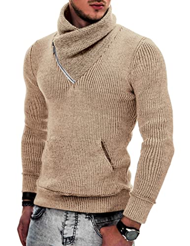 COOFANDY Herren Strickpullover Rollkragenpullover Schalkragen Pullover Slim Fit High Neck Hoodies mit Taschen, Khaki, Mittel von COOFANDY