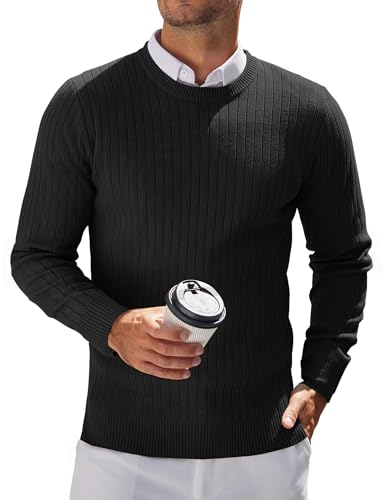 COOFANDY Herren Strickpullover Rundhals Pullover Herren Winter Regular Fit Feinstrick Herrenpullover Gestreifter Schwarz XXL von COOFANDY