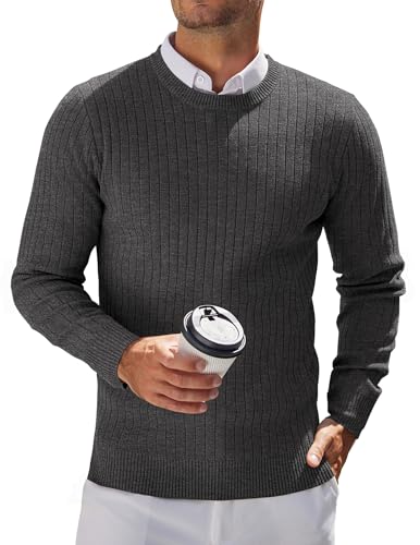 COOFANDY Herren Strickpullover Rundhals Regular Fit Feinstrick Pullover Herren Business Vertikale Gestreifter Dunkelgrau XXL von COOFANDY