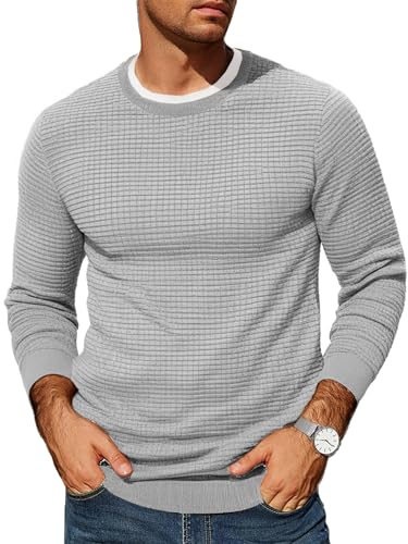 COOFANDY Herren Strickpullover Sweater Rundhals Basic Sweater, Hellgrau, Groß von COOFANDY