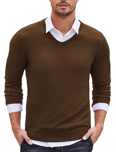 COOFANDY Herren Strickpullover V-Ausschnitt Einfarbig Casual Slim Fit Pullover Sweater Mode Sweater Einfarbig, braun, S von COOFANDY