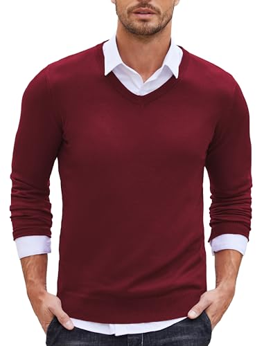 COOFANDY Herren Strickpullover V-Ausschnitt Einfarbig Casual Slim Fit Pullover Sweater Mode Sweater Einfarbig, weinrot, XL von COOFANDY