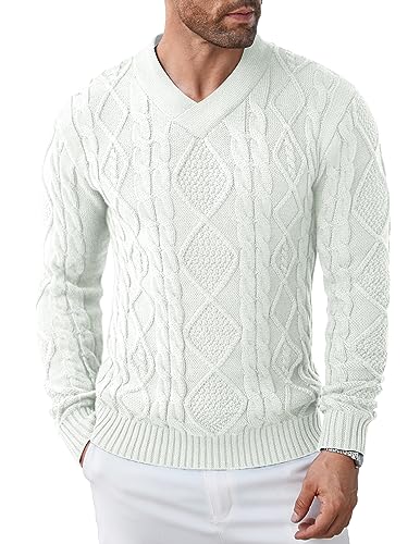 COOFANDY Herren Strickpullover V-Ausschnitt Zopfmuster Feinstrick mit Stehkragen Slim fit Winter Männer Pullover Weiß XXL von COOFANDY