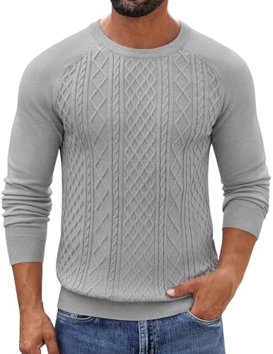 COOFANDY Herren Strickpullover Winter Norweger Pulli Warm Zopfmuster Business Casual Slim Fit Sweater Ohne Kapuze Langarmshirt Hellgrau XL von COOFANDY