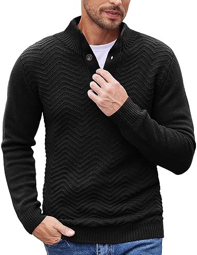COOFANDY Herren Strickpullover Winter Warmer Freizeit Pullover Henley-Kragen Lässiger Knopf Sweater Herren Schwarz XXL von COOFANDY