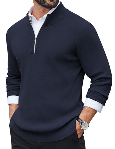 COOFANDY Herren Strickpullover Zip Pullover Rollkragenpullover Langarm Winterpullover Warm Sweater Pulli Feinstrick Pullover mit Stehkragen Arbeitspullover Navy Blau XXXL von COOFANDY