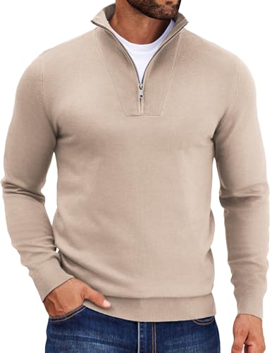 COOFANDY Herren Strickpullover mit 1/4 Zip Herren Rollkragen Troyer Strickpulli Winter Arbeitspullover Sweater Apricot XXL von COOFANDY