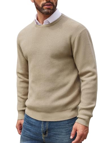 COOFANDY Herren Strickpullover mit Rundhals Einfarbig Langarm Waffel Winter Warm Männer Pullover Khaki M von COOFANDY