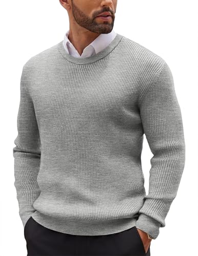 COOFANDY Herren Strickpullover mit Rundhals Pullover Feinstrick Sweater Dünne Langarm Pullover Langarmshirt Regular Fit Pulli Hellgrau XL von COOFANDY