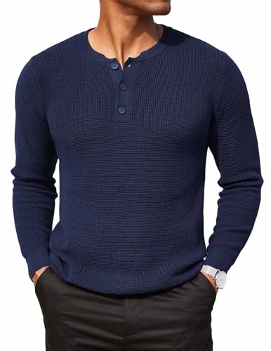 COOFANDY Herren Henley Pullover Strickpullover Winterpullover mit Knöpfe Sweater Grobstrickpullover Waffel Pulli Blauviolett XL von COOFANDY