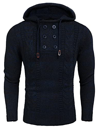 COOFANDY Herren Strickpullover mit Schalkragen Lamgarm Männer Zopfmuste Strick Pulli Slim Fit Strick Pulli Sweater Polopullover Navy blau XL von COOFANDY