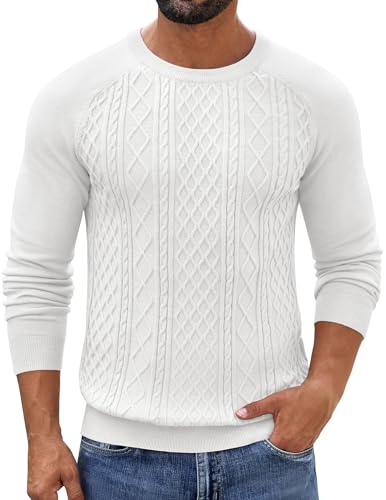COOFANDY Herren Strickpullover mit Zopfmuster Rundhals Winterpullover Weiß XXL von COOFANDY