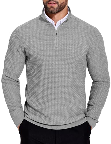 COOFANDY Troyer Herren Pullover Mit Reißverschluss Norweger Strickpullover Turtleneck Arbeitspullover Langarm Winterpullover Outdoor Thermo Pulli Hellgrau L von COOFANDY