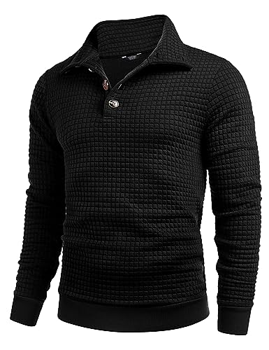 COOFANDY Herren Sweatshirt Waffel Pullover Sportlich Winterpullover mit Kragen Sweatshirt mit Stehkragen Rollkragenpullover Quarter Collar Sweatshirts Schwarz S von COOFANDY