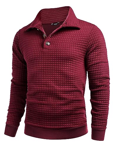 COOFANDY Herren Sweatshirt mit Kragen Winter Pullover Sportlich Waffel Sweatshirt Arbeitspullover Männer Sweatshirts Ohne Kapuze Pulli mit Knopfleiste Weinrot S von COOFANDY