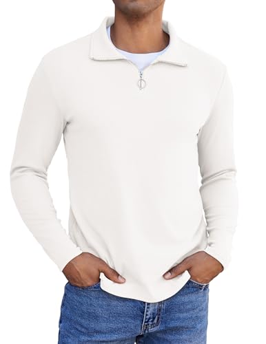 COOFANDY Herren Sweatshirt mit Reißverschluss Troyer Longsleeve Polo Pullover Poloshirt Herren Langarm Half Zip Langarmshirts Winter Männer Langarm Pulli Sweater Troyer Weiß XL von COOFANDY