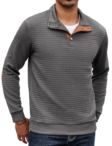 COOFANDY Herren Sweatshirts Waffel Pullover Stehkragen Sweatshirts Winterpullover Langarm Rollkragenpullover mit Knopfleiste Pulli Dunkelgrau XL von COOFANDY