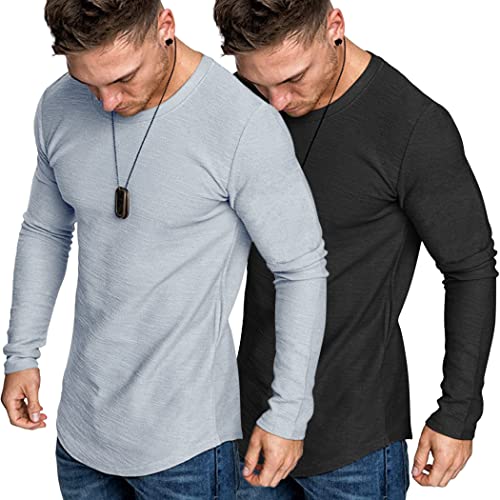 COOFANDY Herren-T-Shirt, 2 Stück, Muskel, enganliegend, für Fitnessstudio, Workout, athletisch, lange Ärmel, Schwarz/Grau/Blau, L von COOFANDY