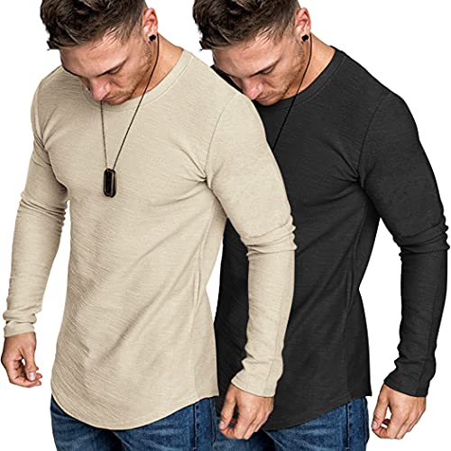 COOFANDY Herren-T-Shirt, Muskeltraining, langärmelig, 2 Stück, 5 - Schwarz/Khaki, XX-Large von COOFANDY