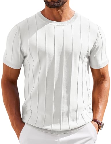 COOFANDY Herren-T-Shirt, kurzärmelig, Strickpullover, Hemd, lässiger Rundhalsausschnitt, gerippter Pullover, Weiss/opulenter Garten, Mittel COOFANDY Herren-T-Shirt, kurzärmelig, Strickpullover, Hemd, lässiger Rundhalsausschnitt, gerippter Pullover, Weiss/opulenter Garten, Mittel von COOFANDY