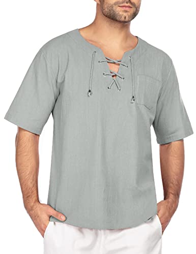 COOFANDY Herren T-Shirt Sommer Strand Hemd Kurzarm Sommershirt LeinenShirt Leinenhemd aus Baumwoll Shirt Freizeit Fisherman Hemd Grau S von COOFANDY