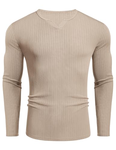 COOFANDY Herren Langarmshirts mit V-Ausschnitt Textured Shirt Longsleeve Ribbed Sweatshirt Oberteile Freizeit Khaki XL von COOFANDY