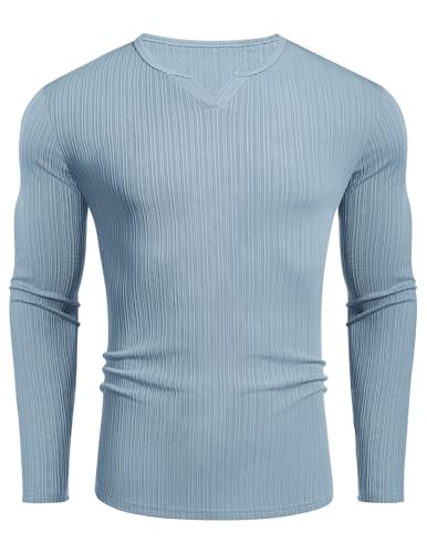 COOFANDY Herren Langarmshirt V-Ausschnitt Basic T-Shirt Stretch Sweatshirt Textured Shirt Ribbed Oberteile Freizeit Blau XL von COOFANDY