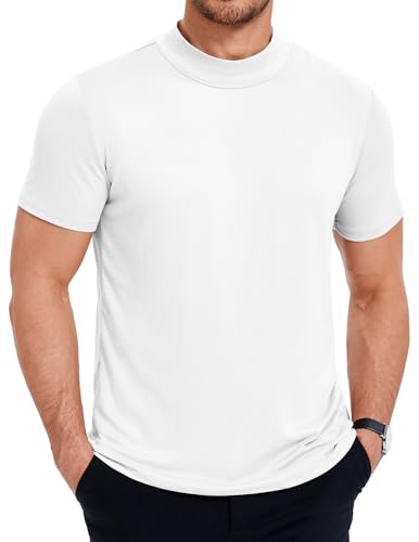 COOFANDY Herren T-Shirt mit Halb Kragen Rollkragenshirt Crewneck Sommer T-Shirt Slim Fit Kurzarmshirt Sommershirt Stehkragenshirt Unterhemd Weiß XL von COOFANDY