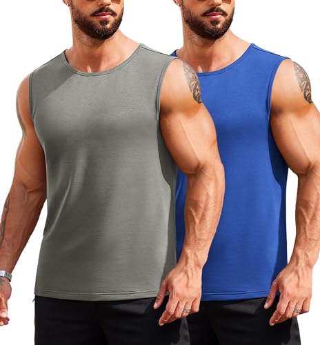 COOFANDY Herren Tank Top Ärmellose Muscle Funktionsshirt Fitness Bodybuilding Sport Unterhemden Blau und Hellgrau XXL von COOFANDY
