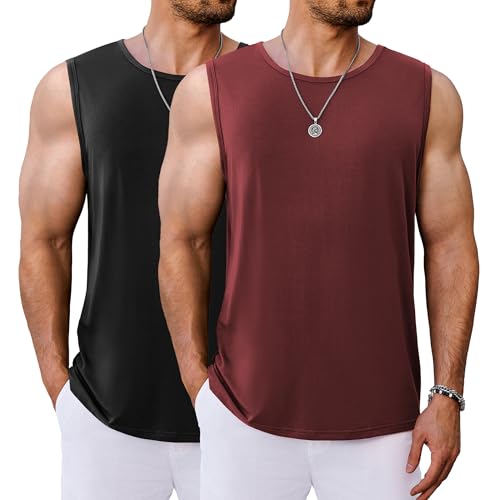 COOFANDY Herren Fitness Tank Top Funktionsshirt Men's Athletic Tanktop Cut Off Muscle Shirt Sport Schwarz/Dunkelrot (2 Stück) M von COOFANDY