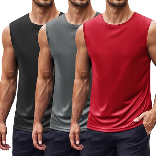 COOFANDY Herren Tank Top Muskel T-Shirt Ärmellos Workout Unterhemd Bodybuilding Tanktops UPF 50+ Sonnenschutz Athletisch Shirts Für Training Schwarz/Dunkelgrau/Rot M von COOFANDY