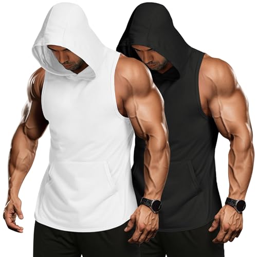 COOFANDY Herren Tank Top Muskelshirts Fitness Shirts Ärmelloser Hoodie Workout Sport Fitness Unterhemden Kapuzenpullover mit Handytaschen Schwarz/Weiss(2 Stück) L von COOFANDY