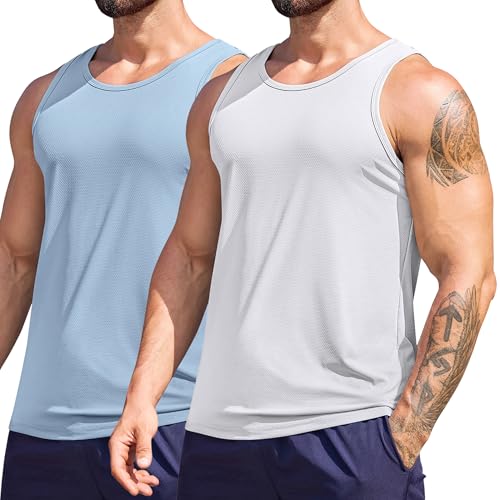 COOFANDY Herren Tank Top Sommer Ärmelloses Shirt Gym Fitness Achselshirt Muskelshirt Casual Sport Trägershirt Laufshirt Training Workout Funktionsshirt 2er Pack Weiß/Hellblau XL von COOFANDY