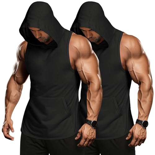 COOFANDY Herren Tank Tops Fitness Shirts Muskelshirts Gym Bodybuilding Shirts Workout Cut Off Muscle T Shirt Ärmelloser Hoodie Sport Shirt Männer Schwarz/Schwarz(2 Stück) XL von COOFANDY