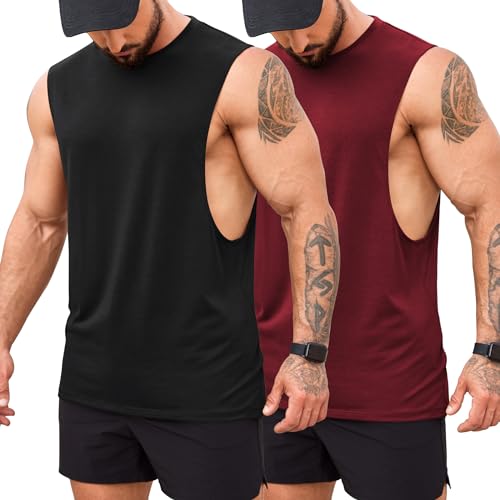 COOFANDY Herren Tank Tops Gym Workout Cut Off Muscle T Fitness Männer Ärmelloses Shirt Schwarz Rot 2 Stück S von COOFANDY
