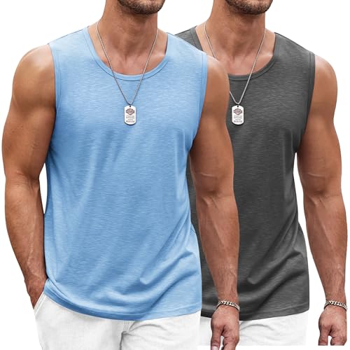 COOFANDY Herren Tanktop 2er Pack Gym Muskelshirt Workout Tankshirt Fitness Ärmellos Funktionsshirt Stringer Achselshirt Dunkelgrau/Hellblau M von COOFANDY