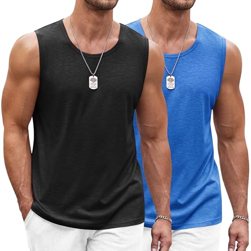 COOFANDY Herren Tanktop 2er Pack Gym Muskelshirt Workout Tankshirt Fitness Ärmellos Funktionsshirt Stringer Achselshirt Schwarz/Blau M von COOFANDY