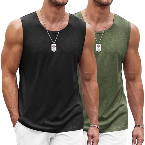 COOFANDY Herren Tanktop 2er Pack Gym Muskelshirt Workout Tankshirt Fitness Ärmellos T-Shirt Stringer Achselshirt Schwarz/Militärgrün (2 Stück) M von COOFANDY