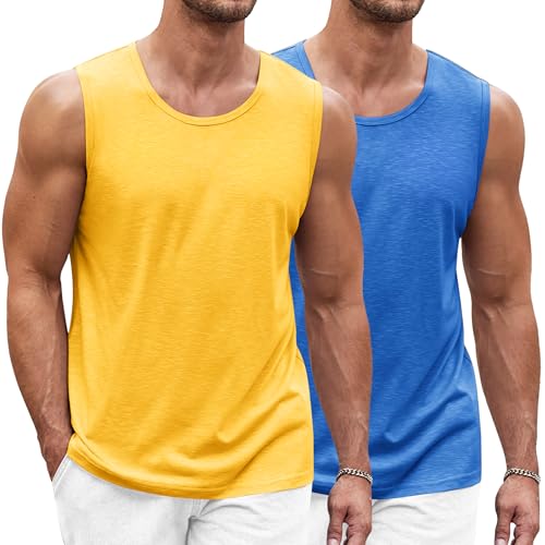 COOFANDY Herren Tanktop Gym Muskelshirt Workout Tankshirt Fitness Ärmellos Funktionsshirt Stringer Achselshirt Gelb/Blau(2 Stück) M von COOFANDY