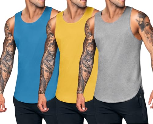 COOFANDY Tank Tops Herren Sommer Gym Shirt 3er Pack Training Achselshirt Unterhemd Herren Ärmelloses Shirt Muskelshirts Blue/Light Grey/Yellow M von COOFANDY