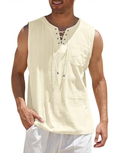 COOFANDY Herren-Tanktop aus Baumwollleinen, lässig, ärmellos, Schnürung, Strand, Hippie, Oberteil, Bohemian-Renaissance-Piratentunika, Cream, XL von COOFANDY