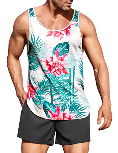 COOFANDY Herren-Tanktop mit Blumenmuster, ärmellos, Allover-Druck, lässig, Sport, Hawaii, Strand, Urlaub, Weiss/opulenter Garten, L von COOFANDY